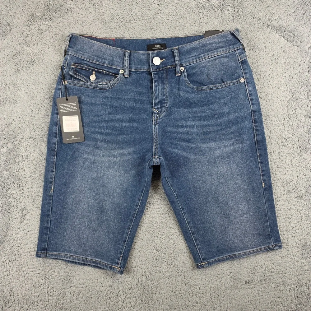 True Religion Ricky SN Flap Denim Shorts Men 31 Blue Relaxed Straight Casual NWT